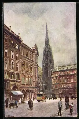 Künstler-AK R. Preuss: Wien, Graben mit Pferdewagen und Blick auf den Stephansdom