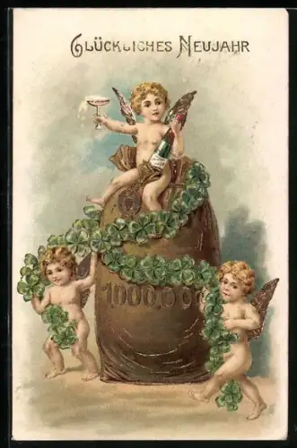 AK Neujahrsengel auf dem Geldsack mit Sekt und Kleeblatt-Girlande