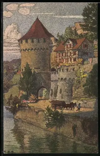 Künstler-AK Ernst E.Schlatter: Luzern, Partie am Nölliturm, Pferdegespann