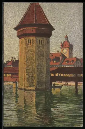 Künstler-AK Ernst E. Schlatter: Luzern, Wasserturm und Rathaus