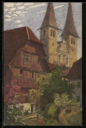 Künstler-AK Ernst E.Schlatter: Luzern, Hotkirche mit dem Alten Kaplanenhaus