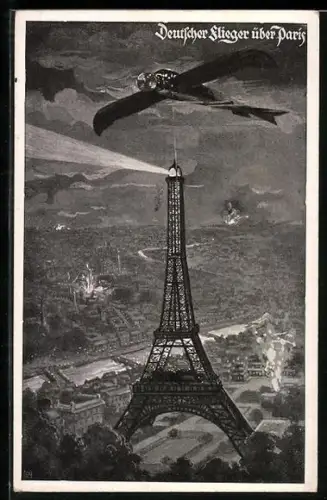 AK Paris, Flugzeug, Deutscher Flieger bei einem Bombenangriff über dem Eiffelturm