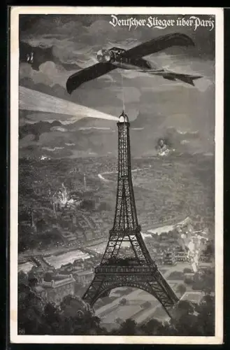 AK Paris, Flugzeug, Deutscher Flieger bei einem Bombenangriff über dem Eiffelturm