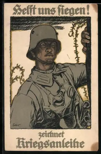 Künstler-AK Helft uns siegen! zeichnet Kriegsanleihe, Frontsoldat, Stahlhelm, Gasmaske, Stacheldraht