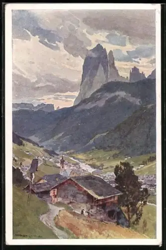 Künstler-AK Edward Harrison Compton: Ansicht eines Dorfes im Tal mit Berg im Hintergrund