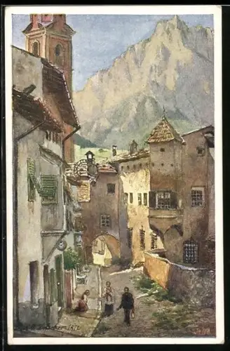 Künstler-AK F. Hofecker, Deutscher Schulverein NR 409: Kastelruth, Strassenpartie der Ortschaft, Schlern