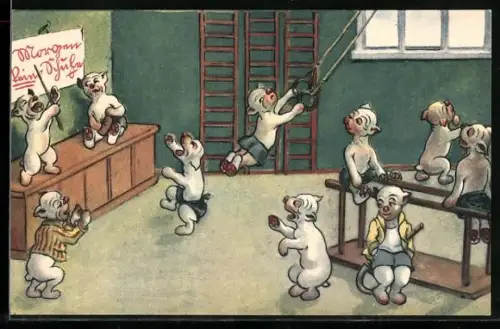 AK Bonzo-Hunde beim Turn-Unterricht, Schild Morgen keine Schule