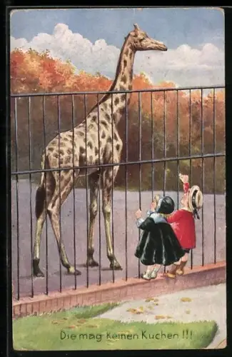 AK Kinder versuchen Giraffe mit Kuchen zu füttern