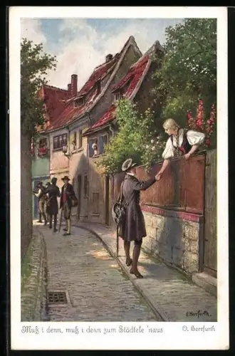 Künstler-AK Oskar Herrfurth: Muss i denn zum Städtele 'naus, Mann verabschiedet sich von seinem Mädchen