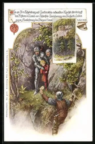 Künstler-AK Hartenstein / Sachsen, Prinzenhöhle, Knecht überbringt den Rittern v. Mosen Zusicherung von Freiheit & Leben