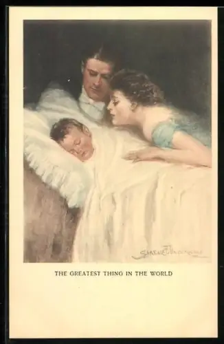 Künstler-AK Clarence F. Underwood: Junges Paar mit schlafendem Kind