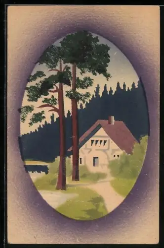 Künstler-AK Handgemalt: Haus im Grünen vor Waldhintergrund, Schablonenmalerei