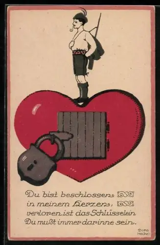 Künstler-AK Dora Heckel: Du bist beschlossen in meinem Herzen..., Mann auf Herz mit Schloss