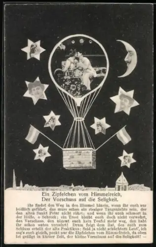 AK Ein Zipfelchen vom Himmelreich, der Vorschuss auf die Seligkeit, Ballon mit Liebespaar-Motiv