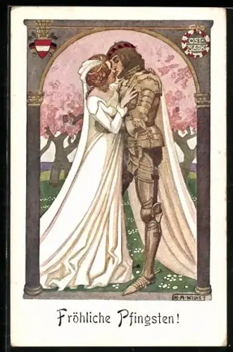 Künstler-AK Karl Alex Wilke: ein sich küssendes Paar, Pfingstgruss