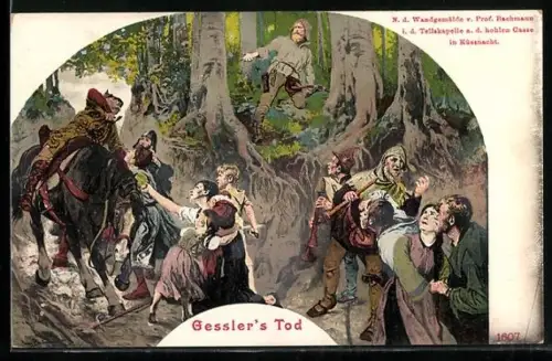 AK Küssnacht, Wilhelm Tell, Gessler`s Tod, Wandgemälde aus der Tellskapelle