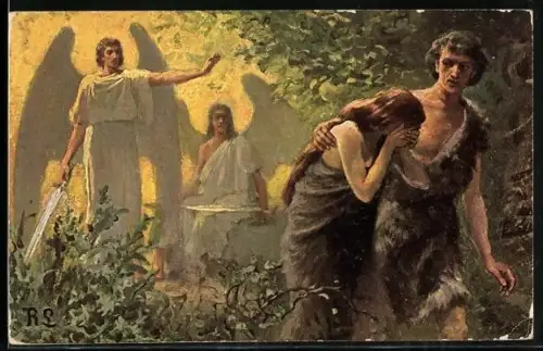 Künstler-AK Die heilige Schrift, Aus dem Alten Testament, Adam und Eva werden aus dem Paradiese vertrieben