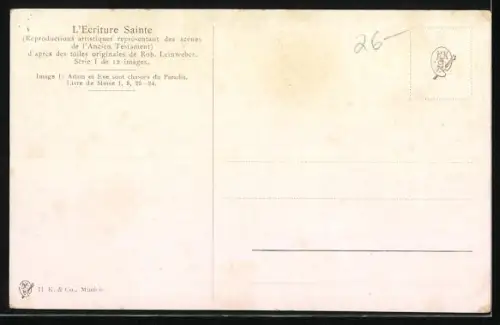 Künstler-AK Die heilige Schrift, Aus dem Alten Testament, Adam und Eva werden aus dem Paradiese vertrieben