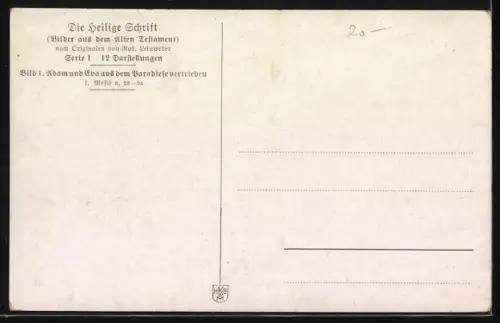 Künstler-AK Die heilige Schrift, Aus dem Alten Testament, Adam und Eva werden aus dem Paradiese vertrieben