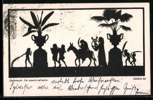 Künstler-AK Diefenbach: Schattenbild Per aspera ad astra, Mutter und Sohn auf Esel reitend, begleitet von Musikanten