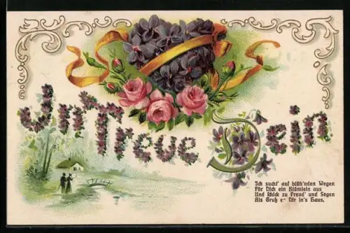 AK In Treue Dein, Blumen-Schriftzug, Paar am Fluss, Lilien-Herz, Rosen, Blumenbild