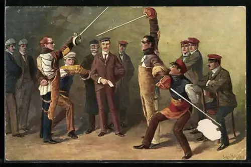 Künstler-AK Georg Mühlberg: Studenten beim Ausfechten einer Mensur
