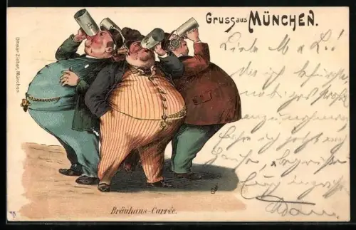Lithographie München, Bräuhaus-Carree, dicke Männer trinken Bier, Trinkerhumor
