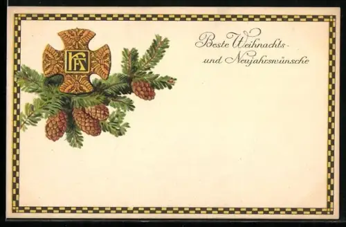 AK Rotes Kreuz Nr. 318: Beste Weihnachts- und Neujahrswünsche, Tannenzweig mit Zapfen