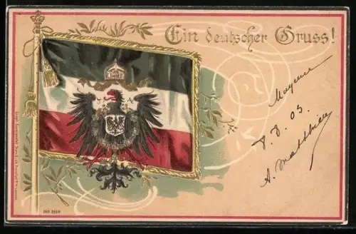 AK Ein deutscher Gruss, Fahne mit Adler und Wappen