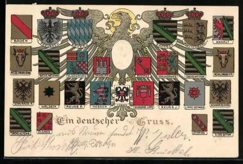 Künstler-AK Bruno Bürger & Ottillie Nr. 3705: Kaiser Wilhelm II. im Reichsadler, Wappen der deutschen Staaten