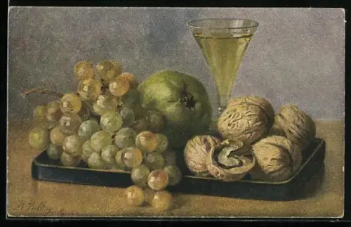 Künstler-AK M. Billing: Stilleben mit Weintrauben und Wallnüssen