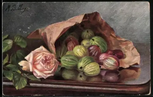 Künstler-AK M.Billing: Stachelbeeren und blühende Rose, Stillleben