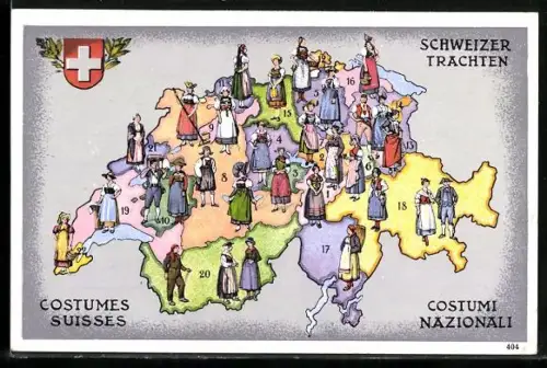 AK Schweiz, Landkarte mit den verschiedenen Schweizer Trachten der jeweiligen Regionen