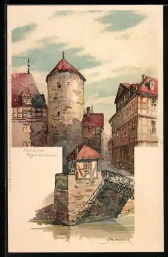 Künstler-Lithographie Otto Hammel: Hannover, Partie am Beguinenturm