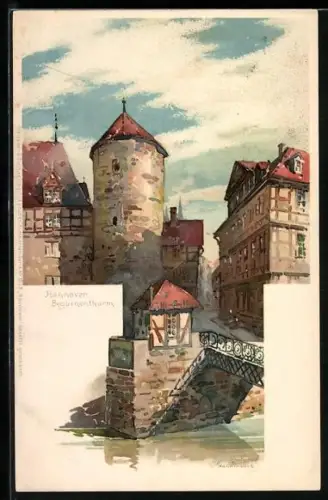 Künstler-Lithographie Otto Hammel: Hannover, Partie am Beguinenturm
