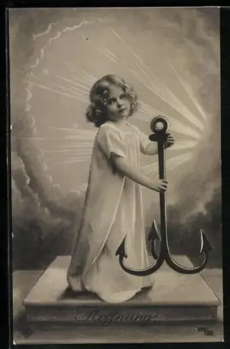 AK Hoffnung, Mädchen in weissem Gewand mit Anker in der Hand, im Hintergrund bricht Sonnenlicht durch die Wolken