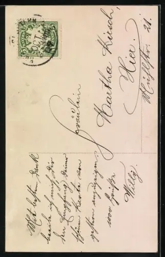 AK Hoffnung, Mädchen in weissem Gewand mit Anker in der Hand, im Hintergrund bricht Sonnenlicht durch die Wolken