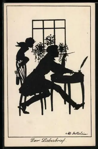 Künstler-AK Ov.Alt-Stutterheim: Frau wird beim Schreiben eines Briefes von einem Engel beobachtet