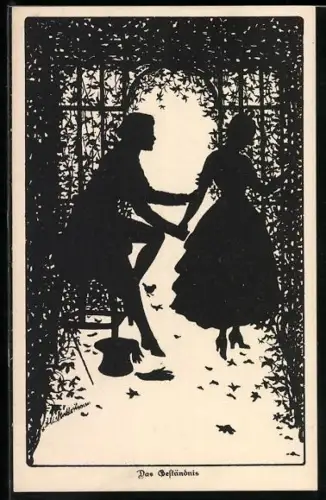 Künstler-AK Ov.Alt-Stutterheim: Das Geständnis, Mann spricht im Pavillon mit Frau, Scherenschnitt