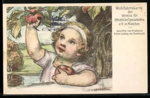Künstler-AK Ludwig von Zumbusch: Kind pflückt Äpfel, Kinderfürsorge für öffentliche Speisehallen