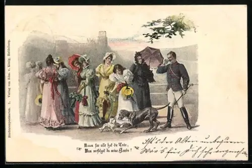 Lithographie Raum für alle hat die Erde, Student mit Dogge, junge Damen und Anstandsdame