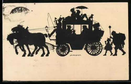 Künstler-AK Josef Madlener: Scherenschnitt Gemütliche Fahrt