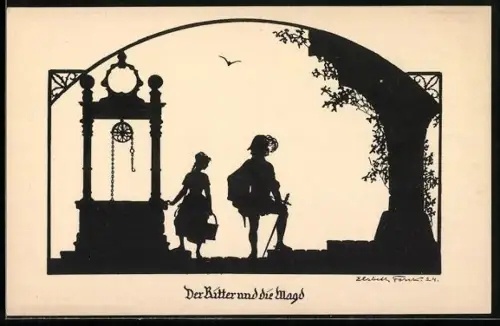 Künstler-AK Elsbeth Forck: Scherenschnitt, Minne-Lust und Leid, Der Ritter und die Magd