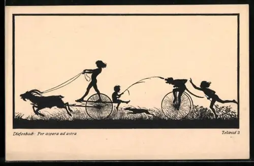 Künstler-AK Diefenbach: Per aspera ad astra, Teilbild 3, Ziegengespann und Hochrad