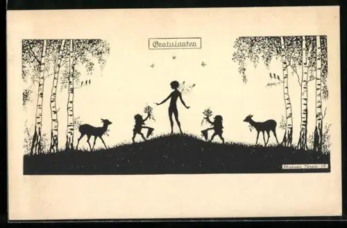 Künstler-AK Elsbeth Forck: Gratulanten, Elf mit Zwergen und Rehen