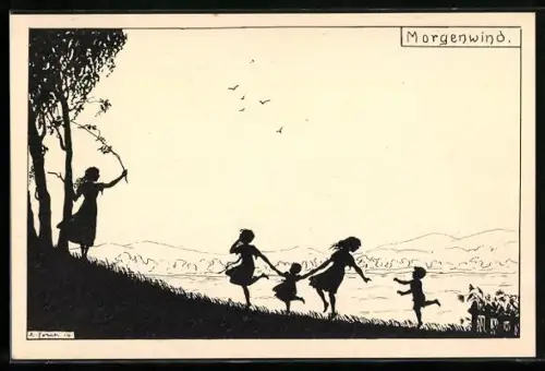 Künstler-AK Elsbeth Forck: Kinder auf einer Wiese spielend, Schattenbild