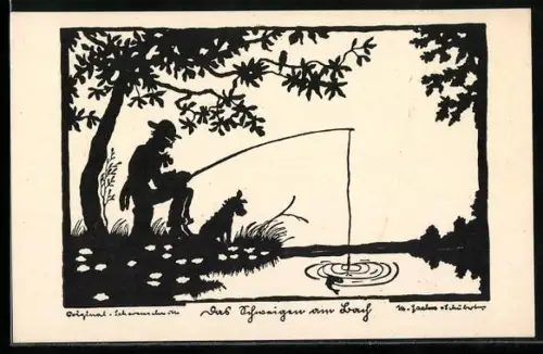 Künstler-AK Marta Sachse-Schubert: Angler am Teich mit seinem Hund