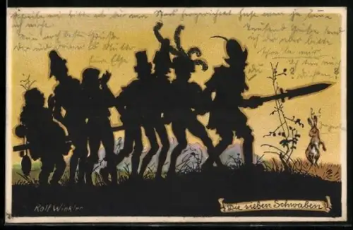 Künstler-AK Rolf Winkler: Silhouette aus dem Märchen die sieben Schwaben