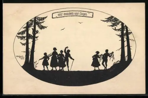 Künstler-AK Elsbeth Forck: Schattenbild, wir wandern und fliegen, Wanderer im Wald