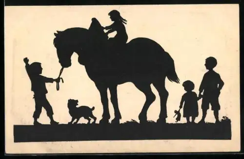Künstler-AK Anna Schirmer: Kinder reiten auf einem Pferd, ein Hund ist mit dabei